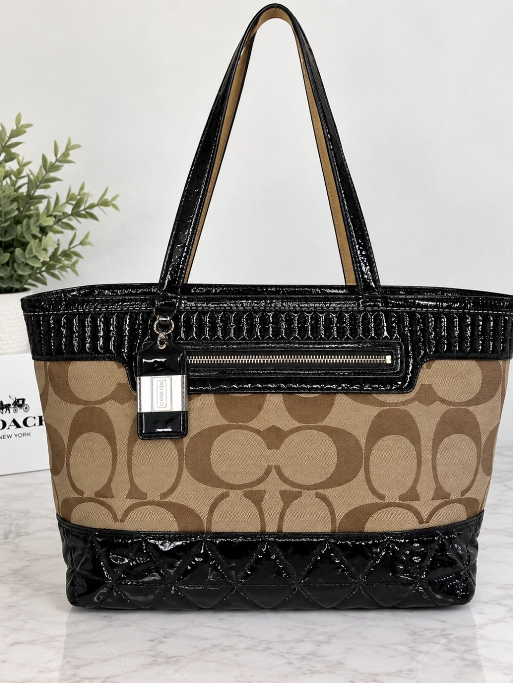 Coach Poppy Khaki Signature Canvas Tote with Black Patent Trim